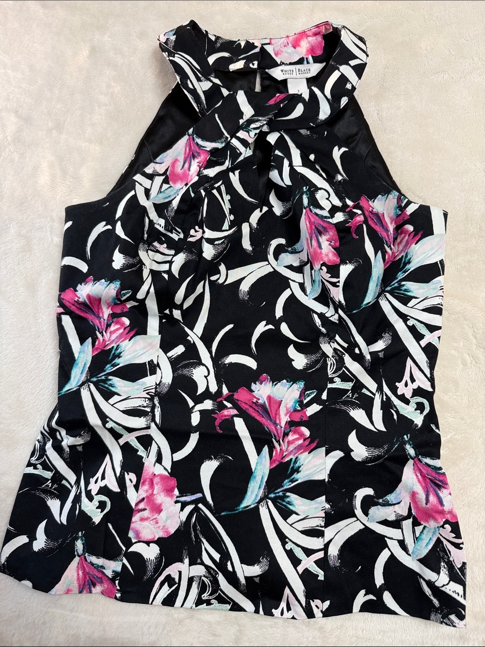 White House Black Market Black Floral Sleeveless Blouse with Pink & Teal Accent